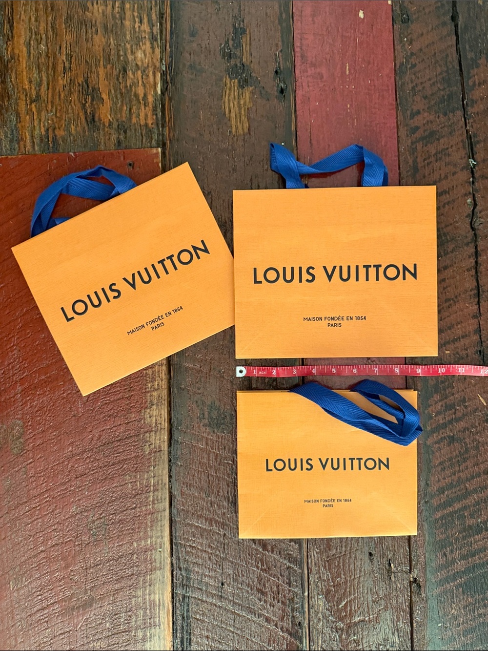 Set of 3 Louis Vuitton Orange Paper Shopping Bags with Blue Ribbon Handles